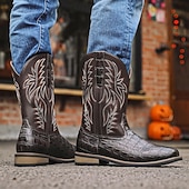 levne Cowboy &amp; Western Boots-Pánské kovbojské boty westernového stylu – klasická hnědá s vyšívaným designem, obuv ve vintage westernovém stylu pro country akce, rodea a neformální výlety