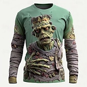 olcso Halloween pólók-Mindszentek napja Férfi Zombik 3D Póló Hosszú ujj póló 3D nyomtatás Terített nyak Ing Divat Túlzott Utca Hétköznapi Napi zöld 2# Medence Lóhere Nyár Tavasz Ősz Ruházat S M L XL XXL XXXL