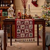abordables Cuisine de noël-Chemin de table de Noël décoration de table jacquard en chenille décor de table à manger de Noël avec pendentif décor de table festif pour Noël