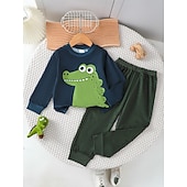 olcso Szettek-2 darab Kisgyermek Fiú Póló és nadrágok Felszerelés Dinoszaurus Hosszú ujj Crewneck Készlet Iskola Divat Napi Ősz Tél 4-7 év Katonai zöld