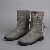 levne Sníh a zimní boty-dámské šedé semišové boty do půli lýtek s pletenými manžetami a šněrovacím detailem - stylové zimní boty s bočním zipem a robustní podrážkou