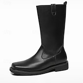 levne Jezdecké boty-Pánské černé pracovní jezdecké boty z umělé kůže – odolné kovbojské boty do poloviny lýtek s pevnou podrážkou pro outdoor, farmářské aktivity a každodenní nošení
