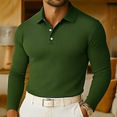 preiswerte Herren Klassisches Polo-Herren Poloshirts Rippenstrick-Top Geschäft Lässig Gerippter Polokragen Langarm Mode Basic Einfarbig Vertikale Streifen Stricken Herbst Winter Ganzjahres Schmale Passform Hellblau Weiß Purpur Grün
