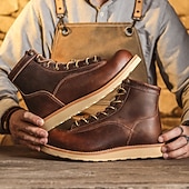 cheap Premium Leather Boots-Men&#039;s Classic Brown Moc Toe Boots with Lace-Up Design and Stitched Sole, Comfortable Workwear Style for Outdoor Activities and Casual Daily Use