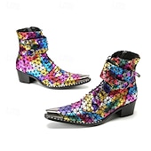 preiswerte Hochwertige Lederstiefel-Herrenstiefel mit Regenbogenmuster und reflektierender Textur – stylische und farbenfrohe Schuhe für Festivals, Partys und Modebegeisterte