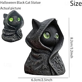 お買い得  ハロウィンの吊るし飾りとテーブルトップ装飾-ハロウィーンの帽子をかぶった黒猫の像。神秘的なフード付きの猫の置物。光る目を持つファンタジーな神秘的な彫刻。猫好きの方へのユニークな贈り物。 &amp;ゴシック様式のインテリア