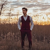 男性用 結婚式 ウェディングスーツ ノッチドラペル ブラック バーガンディー フォーマル ソリッド スリムフィット 2点セット お買い得  結婚式のスーツ-男性用 結婚式 ウェディングスーツ ノッチドラペル ブラック バーガンディー フォーマル ソリッド スリムフィット 2点セット