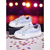 Недорогие Детские кроссовки-Туфли в стиле поп-звезды в стиле корейского идола; блестящие голографические кроссовки для девочек с пайетками; повседневная модная обувь для танцев и вечеринок
