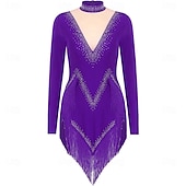 ieftine rochie de concurs-Rochie de dans latino strălucitoare pentru femei, cu mânecă lungă, cu ciucuri, cha cha, salsa, rumba, tango