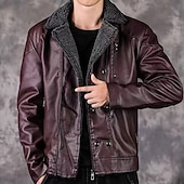 cheap Faux Leather Jackets-Men's Faux Leather Jacket Fleece Jacket Biker Jacket Motorcycle Jacket Daily Vacation Windproof Warm Pocket Fall Winter Plain Fashion Classic Lapel Regular Faux Leather Black Wine Jacket