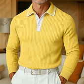 preiswerte Herren Klassisches Polo-Herren Polo Rippenstrick-Top Urlaub Arbeit Umlegekragen Langarm Mode Modern Einfarbig Patchwork Frühling Herbst Frühling &amp; Herbst Normale Passform Blau Gelb Grau Marineblau Polo