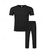 ieftine Seturi de tricouri de bază pentru bărbați-Bărbați Costume de tricou Seturi de cămașă și pantaloni tinute 2 piese Manșon scurt Crewneck Vară Primăvară Simplu Modă Casual Jacquard 2 bucăți Vacanță Purtare Zilnică Ieșire Negru Alb Kaki Top