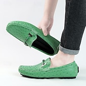 cheap Casual Loafers-Men's Yellow Ostrich Pattern Loafers with Metal Buckle, Casual Slip-On Driving Moccasins for Business, Summer Parties and Everyday Wear