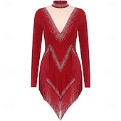ieftine rochie de concurs-Rochie de dans latino strălucitoare pentru femei, cu mânecă lungă, cu ciucuri, cha cha, salsa, rumba, tango