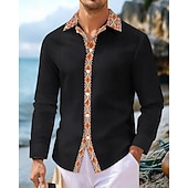 preiswerte Herrenhemd zum Knöpfen-Herren Hemd Sommerhemd Freizeithemd Strandhemd Knopfhemd Schwarz Weiß Marineblau Kaki Leicht Blau Langarm Argyle Revers Urlaub Hawaiianisch Patchwork Bekleidung Leinen Mode Lässig Bequem