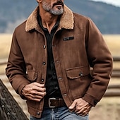 baratos Jaquetas de Suede Sintético-Homens Jaqueta de camurça sintética Jaqueta de Inverno Casaco de lã Jaqueta casual Férias Diário Térmico / Quente Bolsos Tosão Outono Inverno Tecido Moda Roupa de rua Lapela Padrão Preto Cinzento