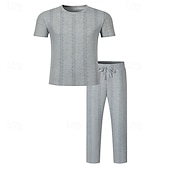 ieftine Seturi de tricouri de bază pentru bărbați-Bărbați Costume de tricou Seturi de cămașă și pantaloni tinute 2 piese Manșon scurt Crewneck Vară Primăvară Simplu Modă Casual Jacquard 2 bucăți Vacanță Purtare Zilnică Ieșire Negru Alb Kaki Top