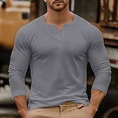 cheap Ribbed Knit Tee-Men&#039;s Men V Neck Rib-knit Tee Ribbed Knit tee Tee Top Long Sleeve V Neck Summer Spring Fall Plain Jacquard Modern Casual Comfortable Buttons Basic Home Street Casual Black khaki Beige Top Tee for Men
