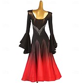 Недорогие Соревновательная одежда-Женское платье для бальных танцев синего цвета с эффектом омбре, стразами, рукавами-колокольчиками и расклешенной юбкой – идеально подходит для латиноамериканских танцев, танго и выступлений.