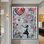 cheap Street Art-Girl Graffiti oil painting hand painted pop art painting Famous Canvas   Girl Artwork painting   Balloon Canvas painting wall Decoration  artwork painting