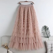 abordables Jupes de Fête-Femmes Jupe Trapèze Élégant Mode Occasionnel Maxi Taille haute Jupes Uni Superposé Micro-Élastique Soirée Rue Vin Noir Blanche Rose Printemps Chiffon Tulle