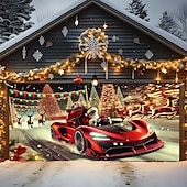 billige Garasje- og dørbanner-Jul tapet Garasjeportdeksel Stor opphengning Bil Gave søt stil 3D Party Utendørs Ferie Bakgrunner for skyting Yard Hjemmedekor