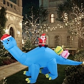 abordables luces navideñas al aire libre-Papá Noel navideño con sombrero azul de Navidad, dinosaurio LED con luz, modelo inflable impermeable para interiores y exteriores, patio, césped, fiesta, ambiente festivo, decoración, luz de apoyo