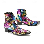 preiswerte Hochwertige Lederstiefel-Herrenstiefel mit Regenbogenmuster und reflektierender Textur – stylische und farbenfrohe Schuhe für Festivals, Partys und Modebegeisterte