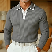 preiswerte Herren Klassisches Polo-Herren Polo Rippenstrick-Top Urlaub Arbeit Umlegekragen Langarm Mode Modern Einfarbig Patchwork Frühling Herbst Frühling &amp; Herbst Normale Passform Blau Gelb Grau Marineblau Polo