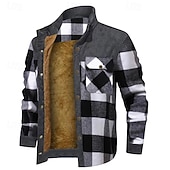 baratos Casacos &amp; Sobretudos para Homem-Homens Casaco puffer Jaqueta de Camisa Casaco de lã Jaqueta casual Férias Diário Térmico / Quente Bolsos Tosão Outono Inverno Xadrez Moda Roupa de rua Colarinho Chinês Padrão Preto Vermelho Verde