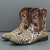 tanie Kowboj i zachodnie buty-Kowbojskie buty męskie z nadrukiem w panterkę – egzotyczne, skórzane buty w stylu western do połowy łydki, idealne na rodeo, występy sceniczne i modowe imprezy