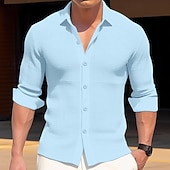 preiswerte Freizeithemden für Herren-Herren Hemd Waffelhemd Freizeithemd Knopfhemd Schwarz Weiß Blau Kaki Langarm Einfach Umlegekragen Outdoor Party Bekleidung Mode Streetwear Modern Lässig