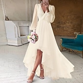 preiswerte Hochzeitskleider-Strandhochzeit Brautdusche kleines weißes Kleid Brautduschenkleider legere Hochzeitskleider A-Linie V-Ausschnitt Langarm asymmetrisches Chiffon Brautkleider in einfarbig