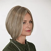 levne starší paruka-Dámská popelavě blond ombre rovná bob paruka s tmavými odrosty, přirozeně vypadající, realistické syntetické vlasy, tepelně odolná krátká, elegantní, pro denní nošení, módní styl