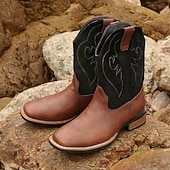 Men's Classic Cowboy Boots – Two-Toned Brown and Black Faux Leather with Distinct Stitching, Timeless Western Design for Casual Wear, Outdoor Adventures and Rodeo Events cheap Cowboy & Western Boots-Men's Classic Cowboy Boots – Two-Toned Brown and Black Faux Leather with Distinct Stitching, Timeless Western Design for Casual Wear, Outdoor Adventures and Rodeo Events