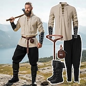 baratos Conjuntos-Medieval Renascentista Século XVII Comprimento Médio Botas Fantasia fantasia Calça Pirata Pirata Guerreiro Viking Com Cordão Cor Sólida Fantasia Homens Viking Pirata Dia Das Bruxas Carnaval
