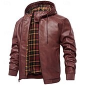 economico Giacca in ecopelle-Per uomo Giacca in Ecopelle Giacca da Moto Vacanza Quotidiano Antivento Caldo Tasca Autunno &amp; Inverno Semplice Moda Classico Con Cappuccio Regolare Nero Vino Marrone Giacca