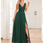 baratos Vestidos de chiffon-Mulheres Vestido Longo Vestido Maxi Vestido de festa Chifon Vestido de chiffon Elegante Moda Moderno Ao ar livre Festa Festa de Noite Normal Tecido Sem Manga Decote V Vermelho Azul Verde Escuro