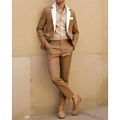 cheap Men&#039;s Classic Blazers-Men&#039;s Blazer Suits Business Cocktail Party Wedding Party 2 Piece Fashion Casual Spring &amp;  Fall Polyester Color Block Plain Pocket Buttons Comfortable Single Breasted Blazer Apricot