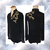 cheap Boys&amp;Men Figure Skating Costumes-Figure Skating Top Men&#039;s Boys&#039; Ice Skating Tops Black Patchwork Spandex High Elasticity Training Competition Skating Wear Classic Crystal / Rhinestone Long Sleeve Ice Skating Figure Skating