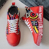 お買い得  カジュアルスニーカー-大胆なデザインのメンズの赤と白のグラフィックハイトップスニーカー。カジュアルな外出、パーティー、普段使いにぴったりのトレンディなストリートスタイル。