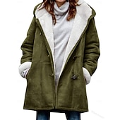 お買い得  フリースライニングジャケット-女性用 シェルパジャケット 快適 高通気性 ボタン エレガント カジュアル 平織り バケーション ストリート カジュアル デイリーウェア オープンフロント ロング フード付き レギュラー 長袖 アウターウェア ブラック ブルー グリーン 春 秋