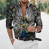 baratos Pássaros &amp; Animais-Homens Pena Camisa Social Camiseta Aloha Manga Longa Moda Designer Casual Ao ar livre Férias Diário Primavera Verão Colarinho Chinês Impressão 3D Botão para baixo Preto Branco Preto / Verde Amarelo