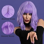 billiga Festperuker-Purple Wig with Bangs Soft Short Bob Wavy Wigs for Women Synthetic Shoulder Length Women's Curly Wigs for Halloween Costumes Cosplay Daily
