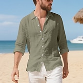 preiswerte Baumwoll-Leinenhemd-Herren Hemd Leinenhemd Freizeithemd Knopfhemd Baumwollhemd Einfach Urlaub Hawaiianisch Schwarz Weiß Gelb Marineblau Langarm Revers Frühling Herbst Bekleidung