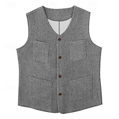 זול ג&#039;קט גברים-בגדי ריקוד גברים וסט חֲזִיָה Gilet חופשה מפלגה עֵסֶק אופנתי יום יומי אביב סתיו כיס כפתורים פוליאסטר נוח אחיד חזה יחיד כפתור יחיד צווארון V רגיל שחור אפור אֵפוֹד