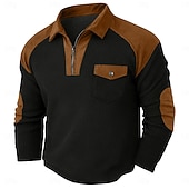 preiswerte T-Shirt mit Waffelstrick-Herren Waffel-T-Shirt Waffel-Henley-Hemd Langarm Revers Viertelreißverschluss Herbst Frühling &amp; Herbst Einfarbig Mode Basic Lässig Taschen Patchwork Straße Lässig Sport Schwarz Wein Marineblau Top