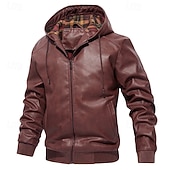 economico Giacca in ecopelle-Per uomo Giacca in Ecopelle Giacca da Moto Vacanza Quotidiano Antivento Caldo Tasca Autunno &amp; Inverno Semplice Moda Classico Con Cappuccio Regolare Nero Vino Marrone Giacca