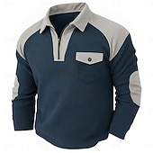 preiswerte T-Shirt mit Waffelstrick-Herren Waffel-T-Shirt Waffel-Henley-Hemd Langarm Revers Viertelreißverschluss Herbst Frühling &amp; Herbst Einfarbig Mode Basic Lässig Taschen Patchwork Straße Lässig Sport Schwarz Wein Marineblau Top