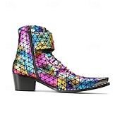 preiswerte Hochwertige Lederstiefel-Herrenstiefel mit Regenbogenmuster und reflektierender Textur – stylische und farbenfrohe Schuhe für Festivals, Partys und Modebegeisterte